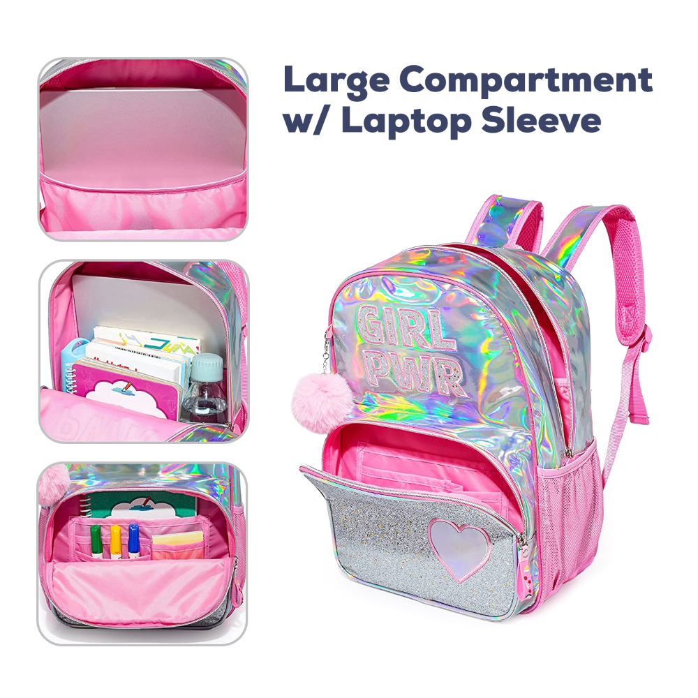 EAZY KIDS - 18 inch School Bag, Glitter Bento Box, Lunch Bag, Pencil Case, Set of 4 - Girl Power Pink