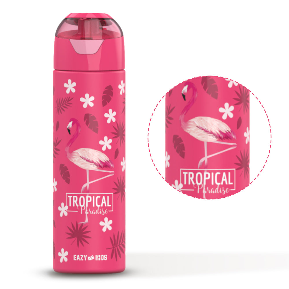 EAZY KIDS 17Inch Set of 4 School Bag with Stainless Steel 640ml Water Bottle, Lunch Bag and Pencil Case - Tropical Pink