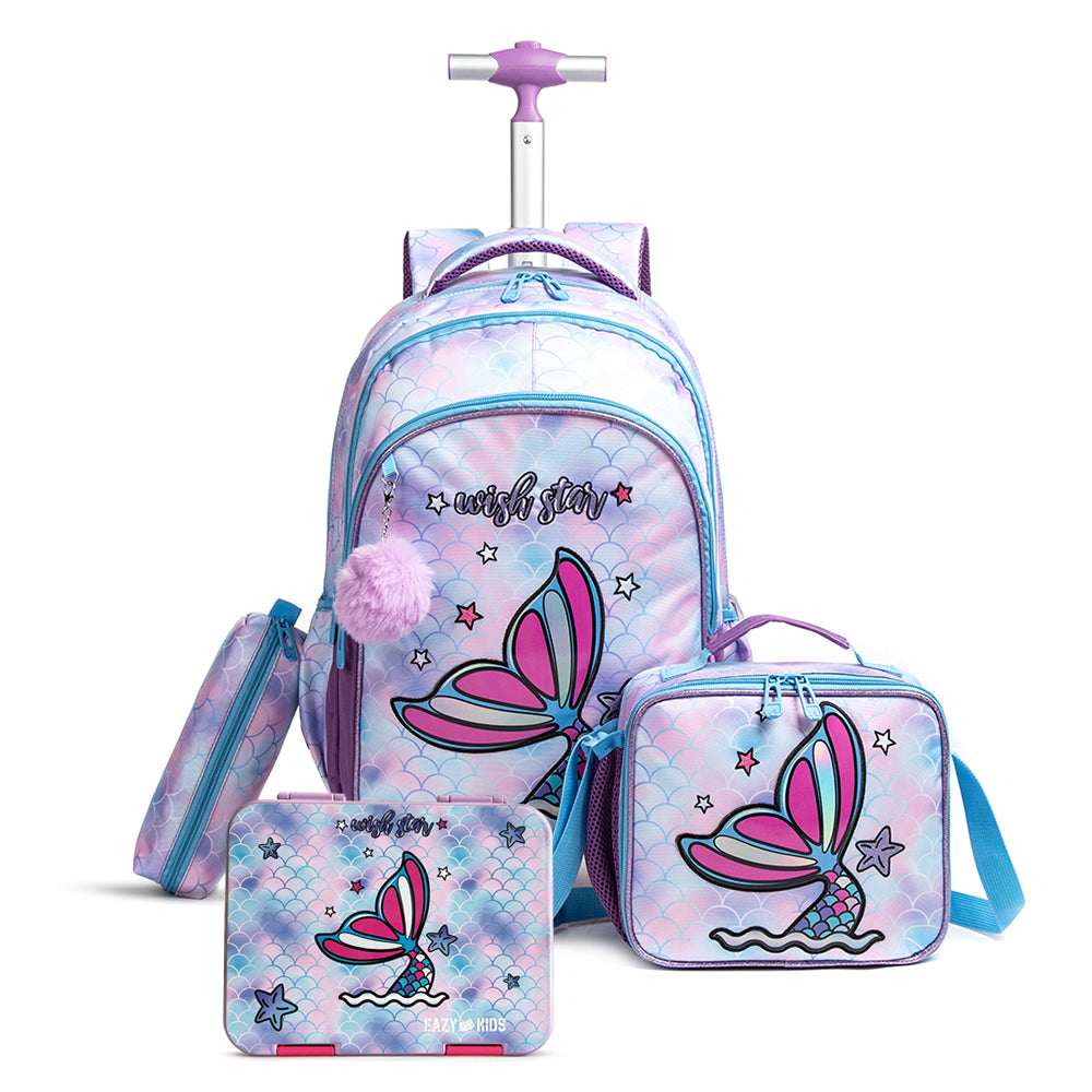EAZY KIDS 18Inch Set of 4 Trolley School Bag with Bento Lunch Box, Lunch Bag and Pencil Case - Mermaid Purple