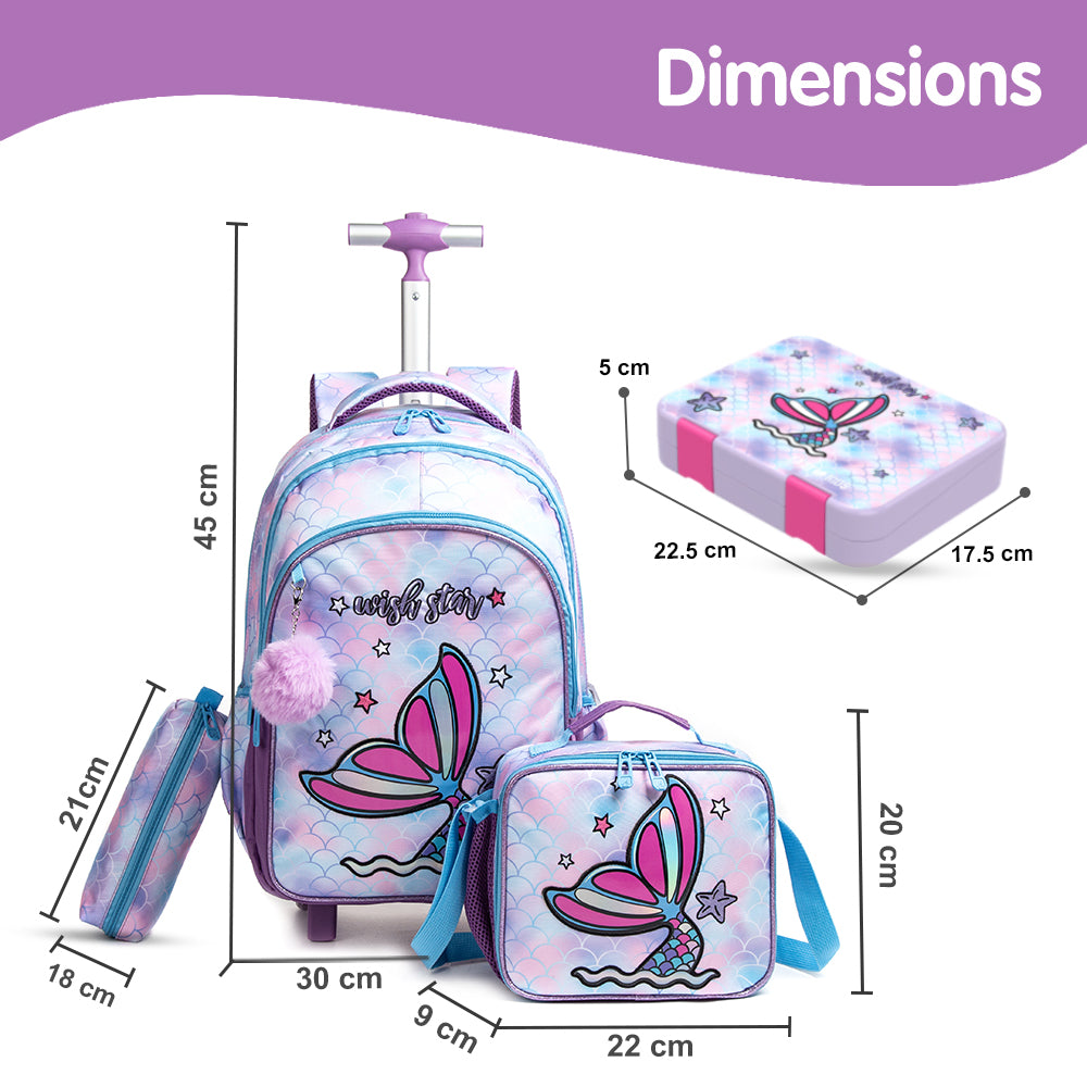 EAZY KIDS 18Inch Set of 4 Trolley School Bag with Bento Lunch Box, Lunch Bag and Pencil Case - Mermaid Purple