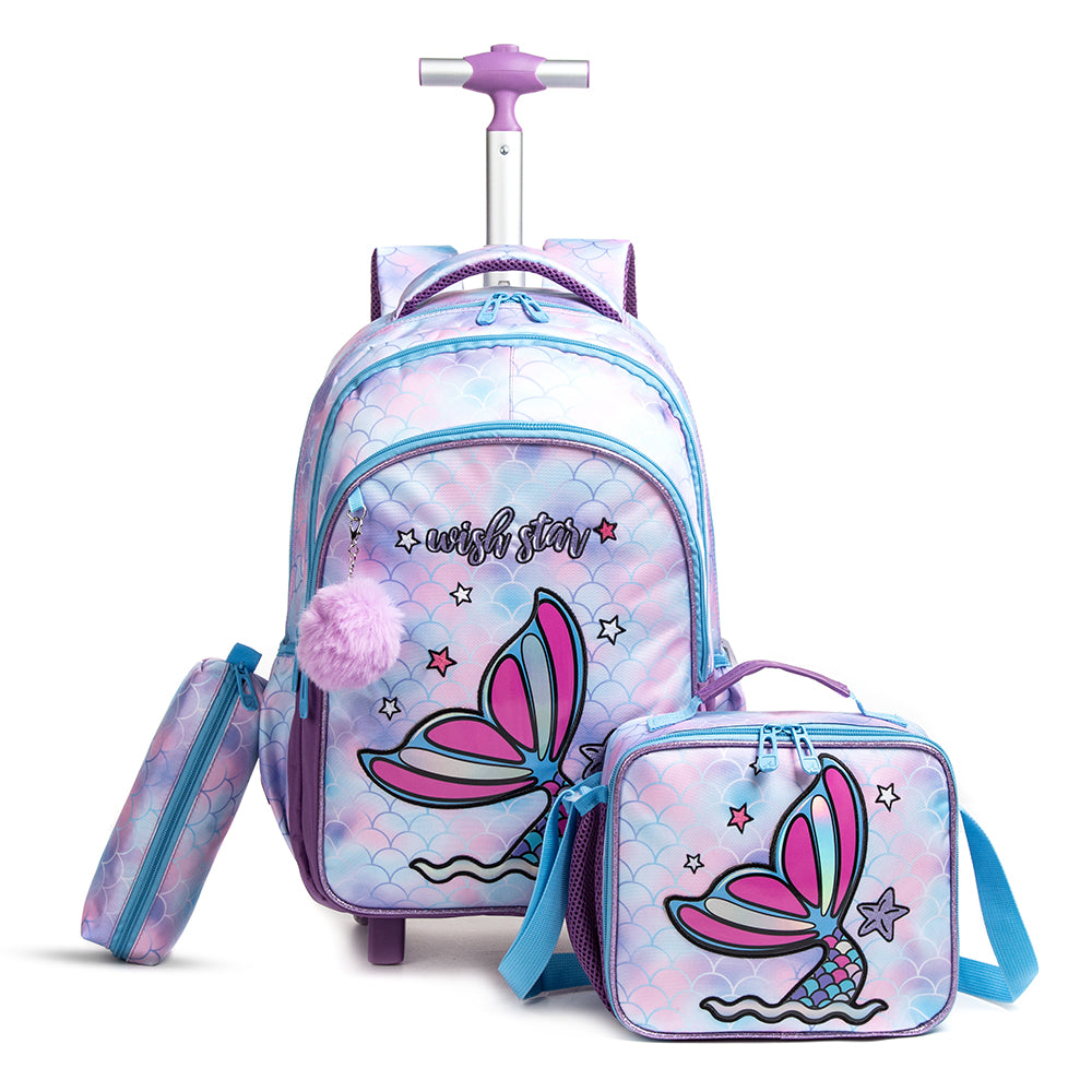 EAZY KIDS 18Inch Set of 4 Trolley School Bag with Bento Lunch Box, Lunch Bag and Pencil Case - Mermaid Purple