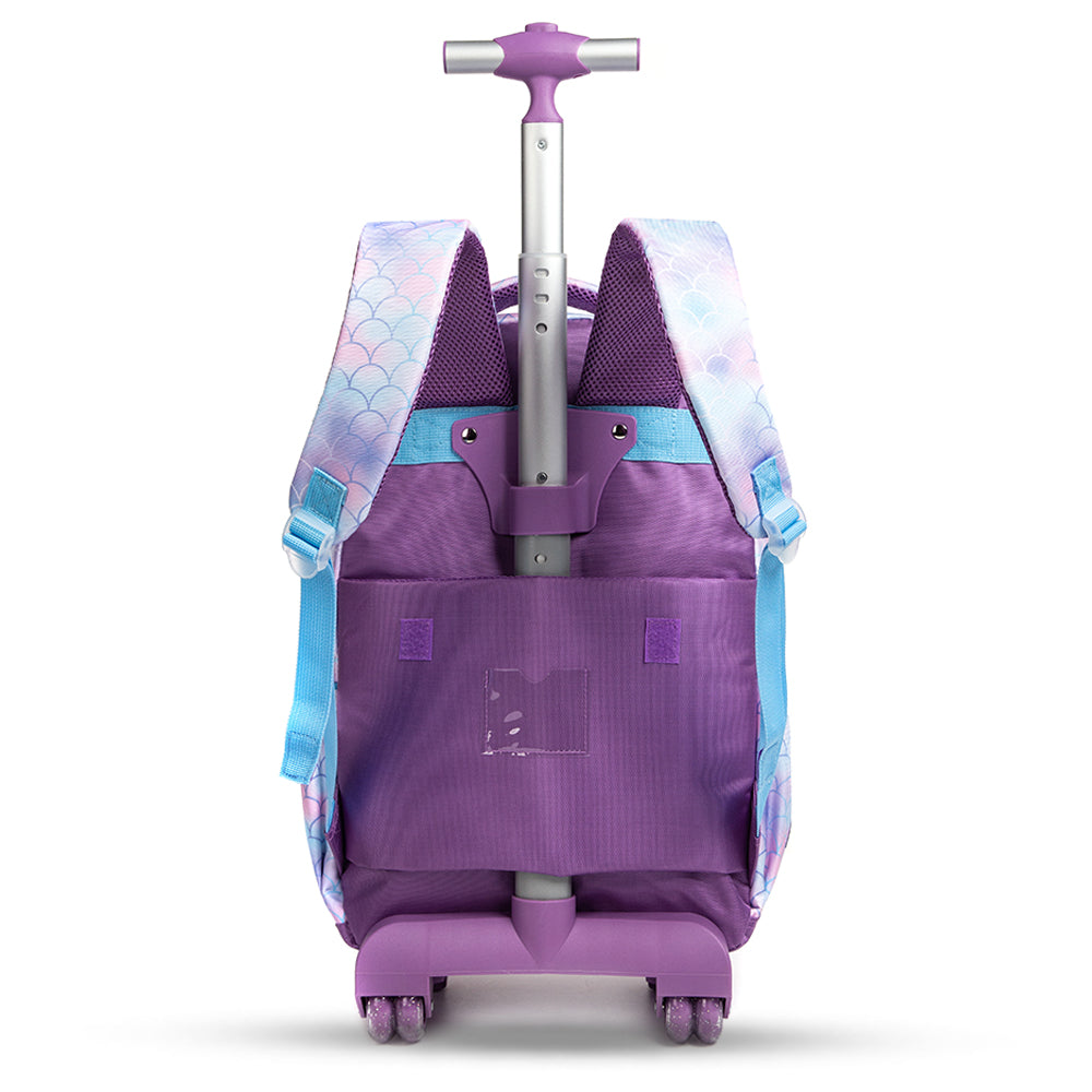 EAZY KIDS 18Inch Set of 4 Trolley School Bag with Bento Lunch Box, Lunch Bag and Pencil Case - Mermaid Purple