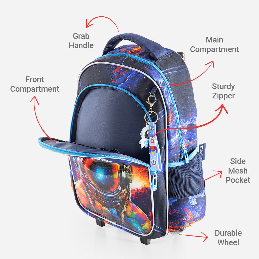 حقيبة مدرسية بعجلات من إيزي كيدز، مقاس 18 بوصة، مجموعة من 4 قطع مع صندوق غداء بينتو، وحقيبة غداء، وحافظة أقلام - أزرق فضائي