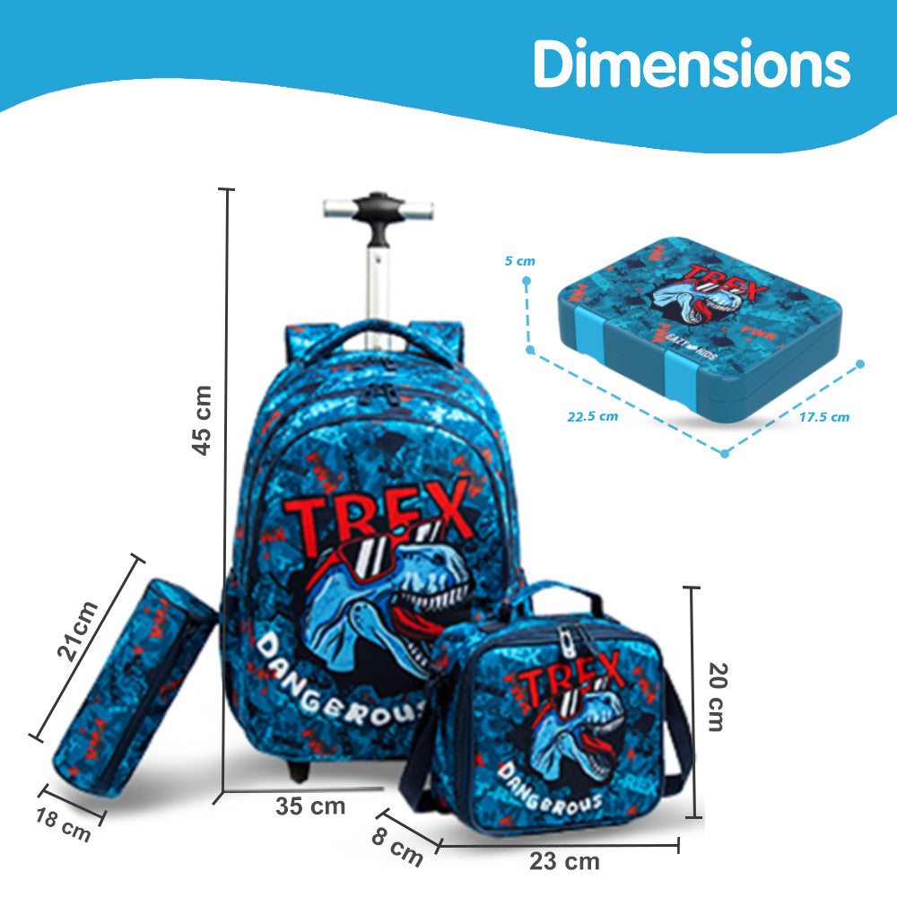 حقيبة مدرسية بعجلات من إيزي كيدز، مقاس 18 بوصة، مجموعة من 4 قطع مع زجاجة مياه تريتان سعة 420 مل، وحقيبة غداء، وحافظة أقلام - ديناصور تريكس - أزرق