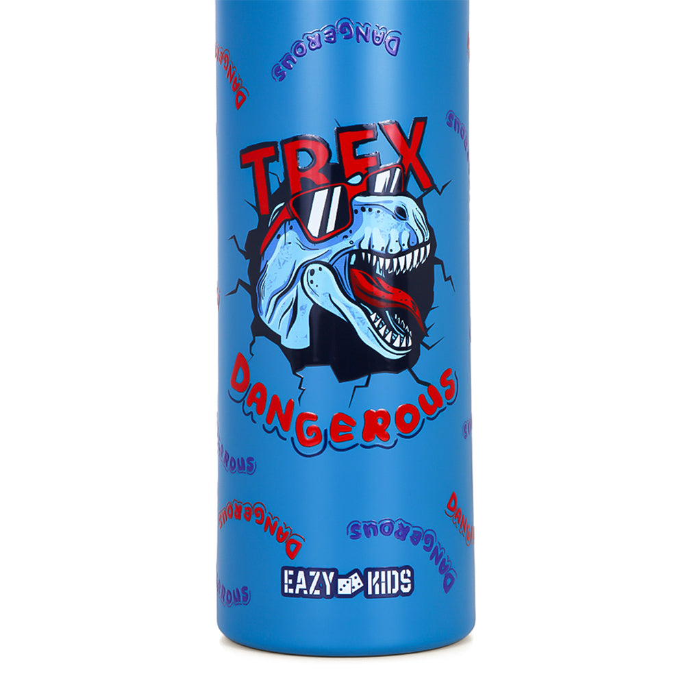 حقيبة مدرسية بعجلات من إيزي كيدز، مقاس 18 بوصة، مجموعة من 4 قطع، مع زجاجة مياه من الفولاذ المقاوم للصدأ سعة 640 مل، وحقيبة غداء، وحافظة أقلام - ديناصور تريكس - أزرق