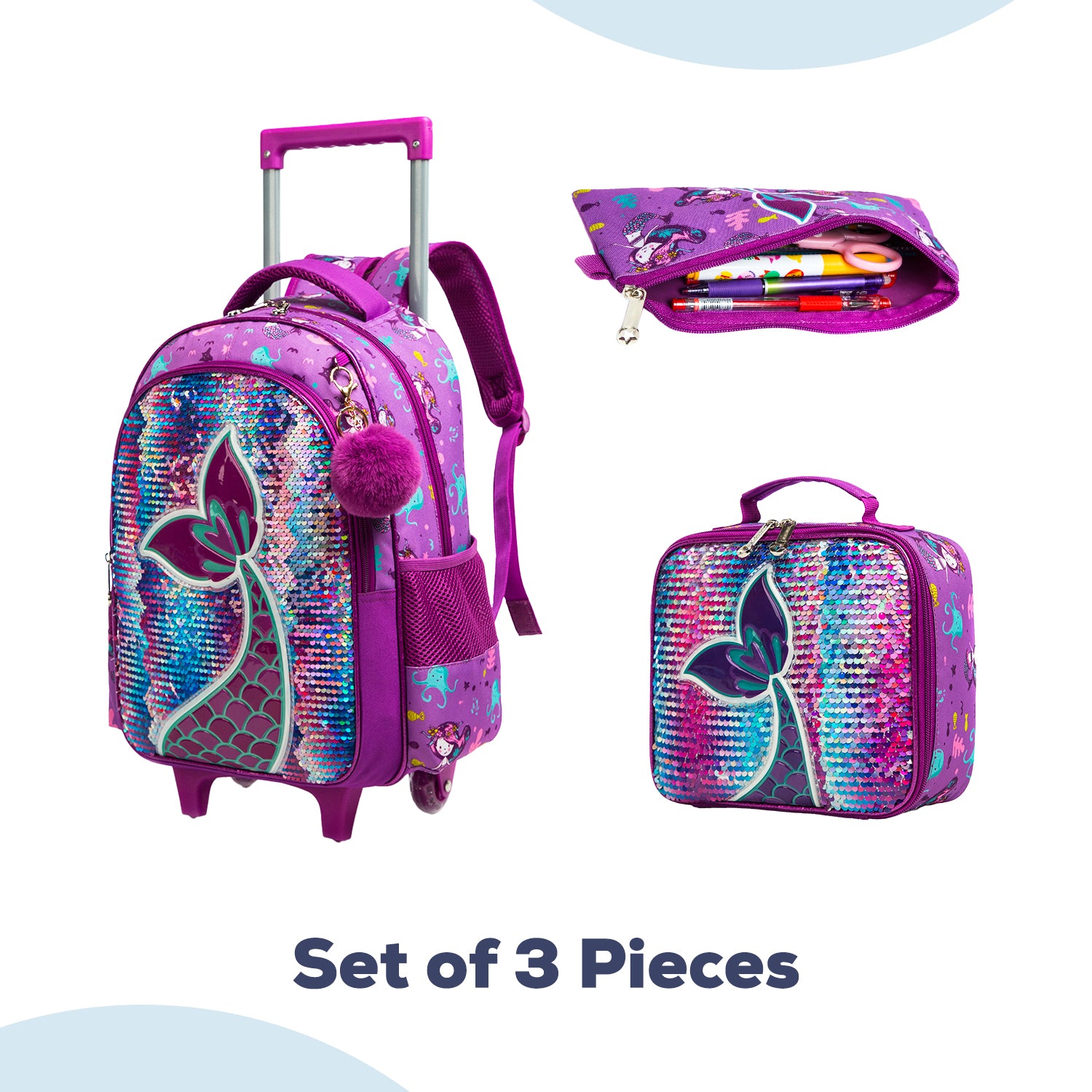 EAZY KIDS - 18 inch Set of 5 Trolley School Bag with Glitter Bento Box, Glitter 550ml Water Bottle, Lunch Bag & Pencil Case - Mermaid Purple