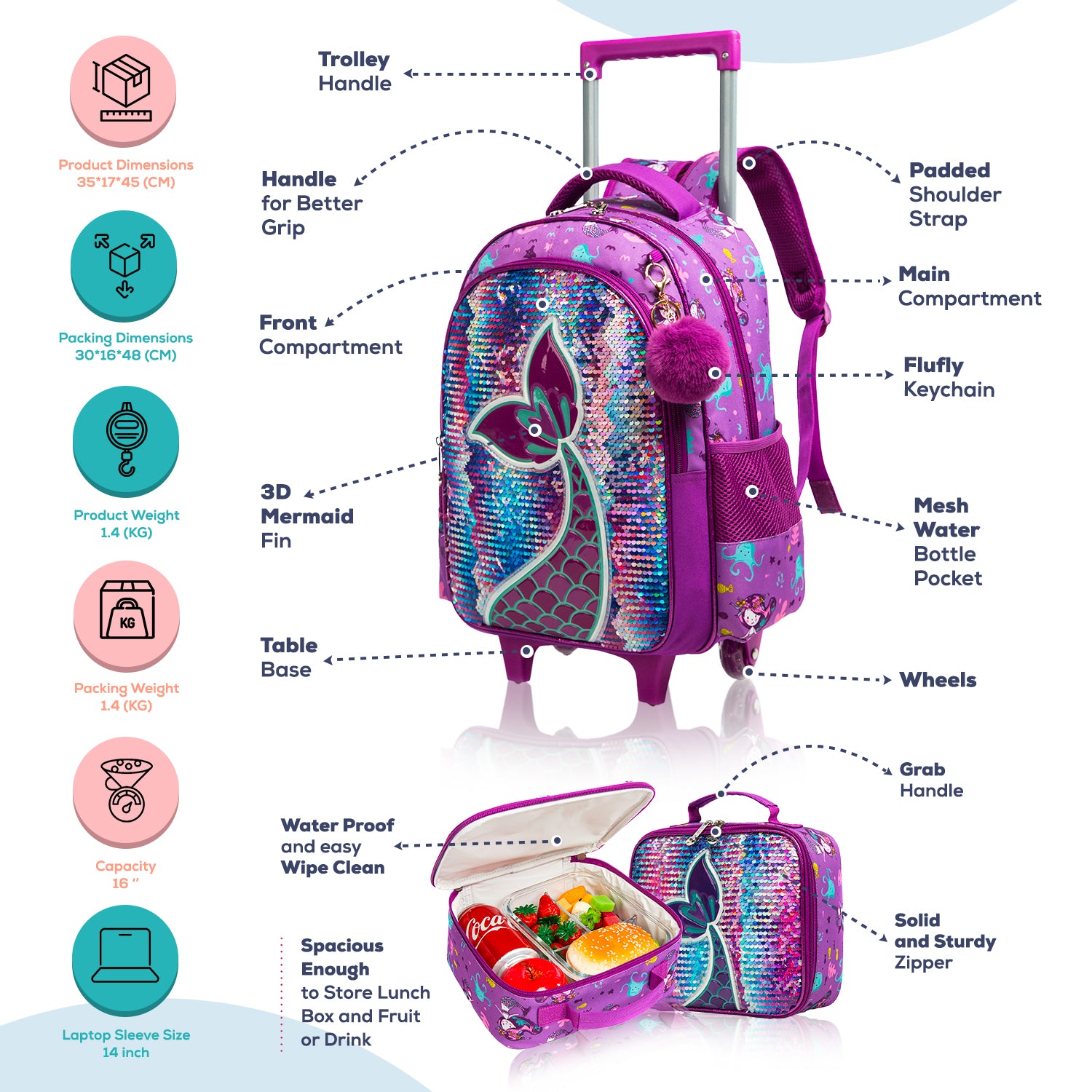 EAZY KIDS - 18 inch Set of 5 Trolley School Bag with Glitter Bento Box, Glitter 550ml Water Bottle, Lunch Bag & Pencil Case - Mermaid Purple