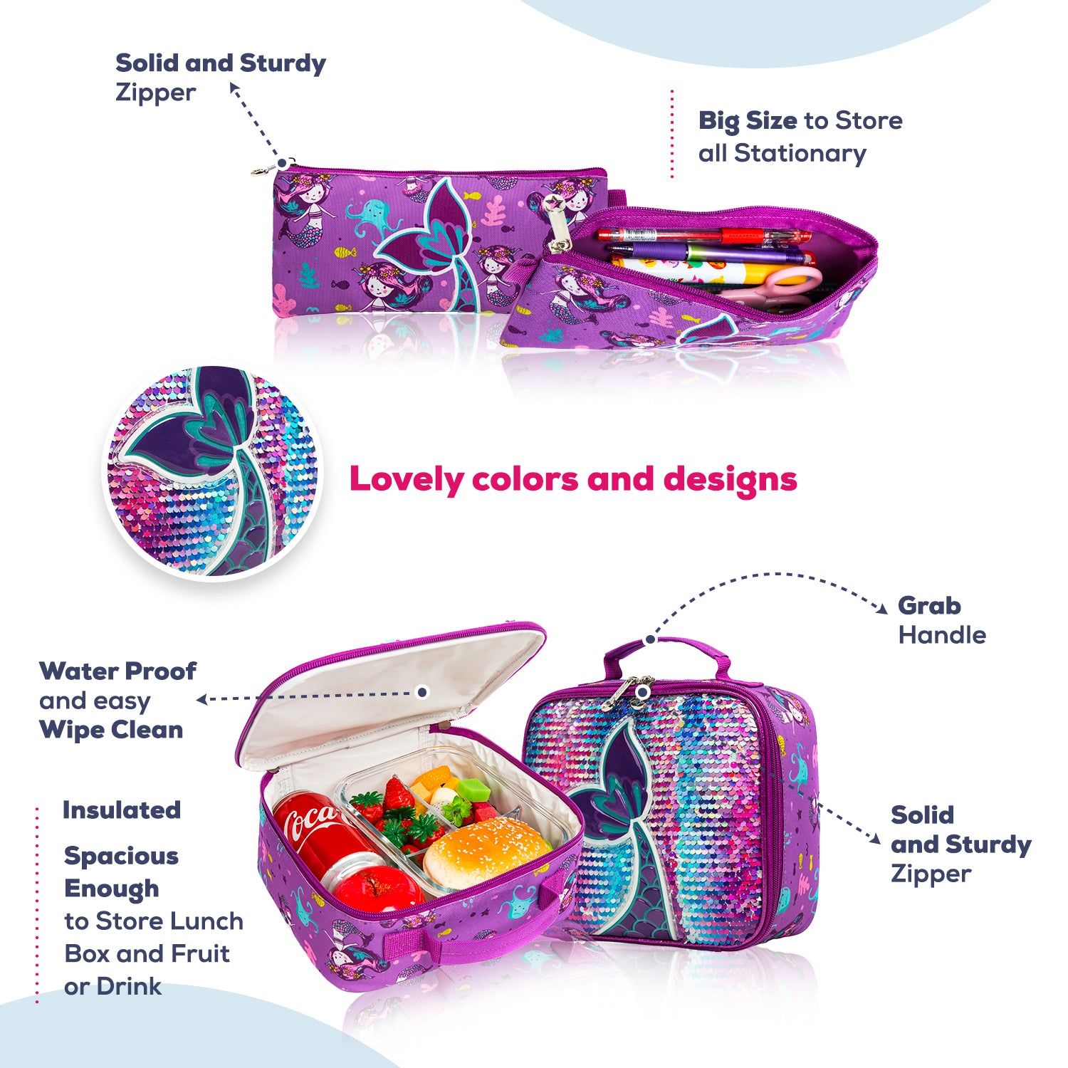 EAZY KIDS - 18 inch Set of 5 Trolley School Bag with Glitter Bento Box, Glitter 550ml Water Bottle, Lunch Bag & Pencil Case - Mermaid Purple