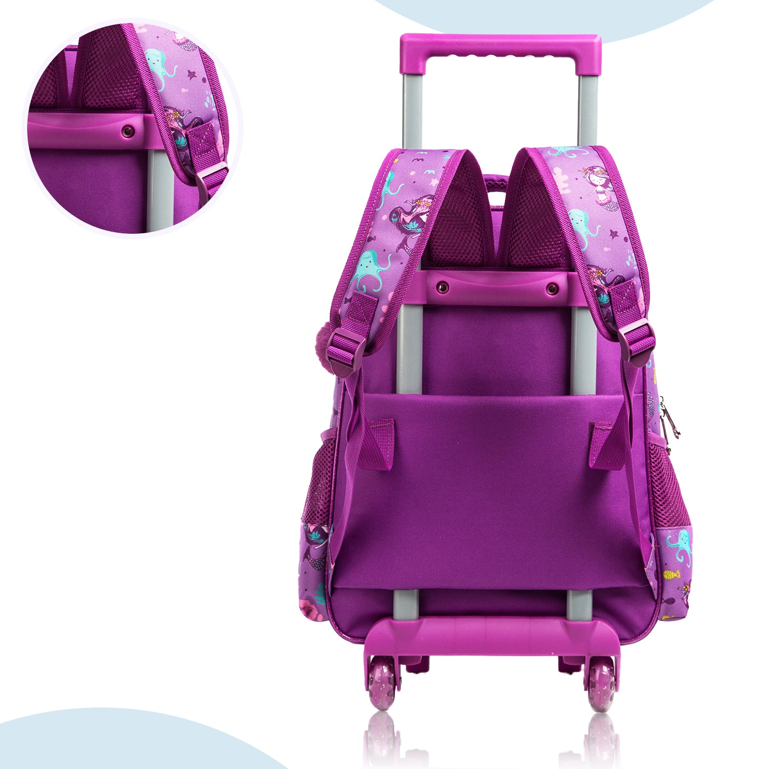 EAZY KIDS - 18 inch Set of 5 Trolley School Bag with Glitter Bento Box, Glitter 550ml Water Bottle, Lunch Bag & Pencil Case - Mermaid Purple
