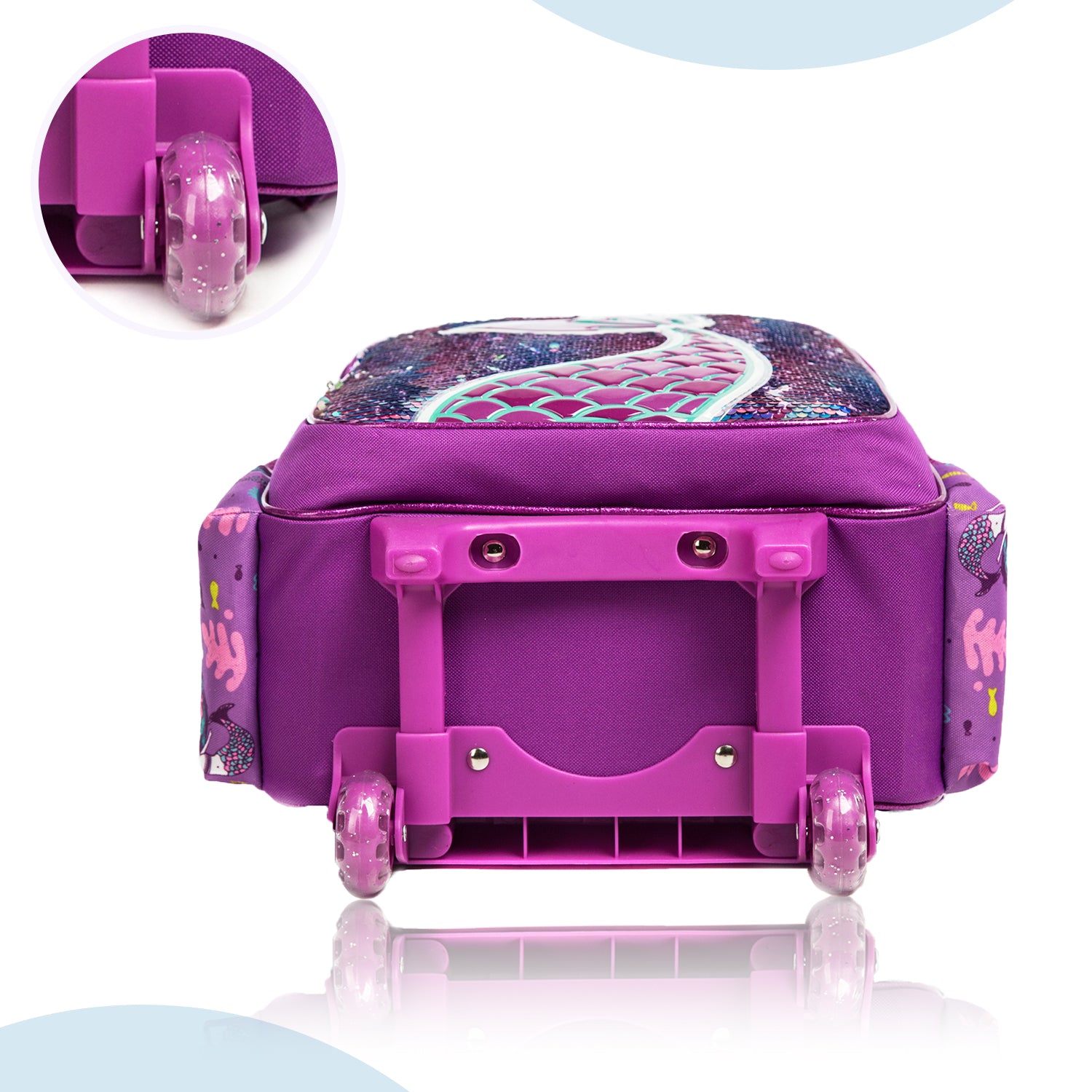 EAZY KIDS - 18 inch Set of 5 Trolley School Bag with Glitter Bento Box, Glitter 550ml Water Bottle, Lunch Bag & Pencil Case - Mermaid Purple