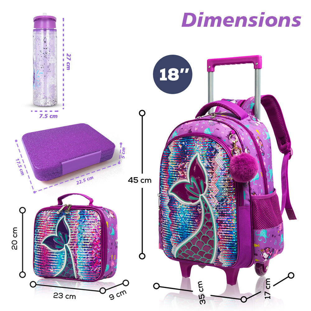 EAZY KIDS - 18 inch Set of 5 Trolley School Bag with Glitter Bento Box, Glitter 550ml Water Bottle, Lunch Bag & Pencil Case - Mermaid Purple