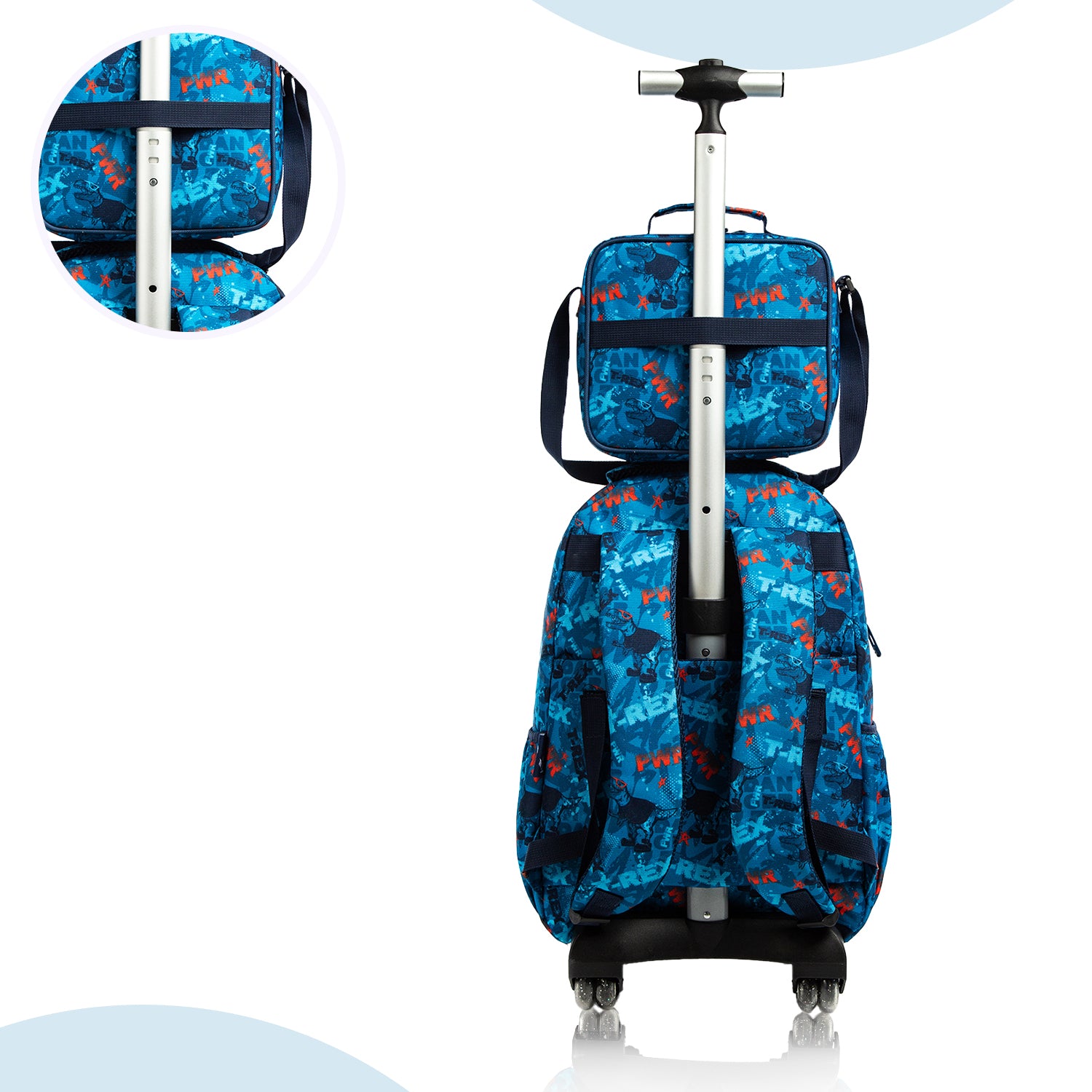 حقيبة مدرسية بعجلات من إيزي كيدز، مقاس 18 بوصة، مجموعة من 5 قطع، مع صندوق غداء بينتو، وزجاجة مياه تريتان سعة 420 مل، وحقيبة غداء، وحافظة أقلام - ديناصور تريكس - أزرق