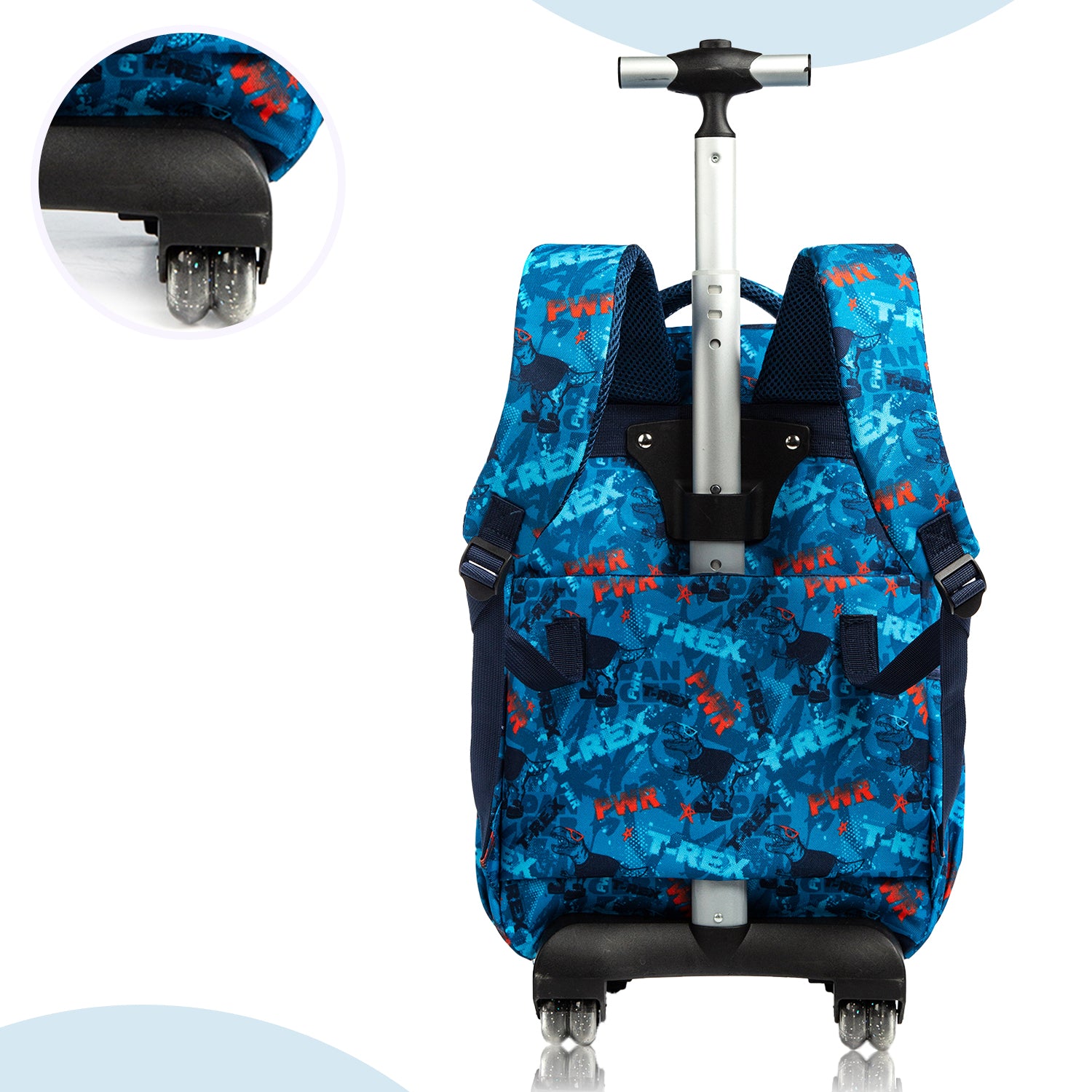 حقيبة مدرسية بعجلات من إيزي كيدز، مقاس 18 بوصة، مجموعة من 5 قطع، مع صندوق غداء بينتو، وزجاجة مياه تريتان سعة 420 مل، وحقيبة غداء، وحافظة أقلام - ديناصور تريكس - أزرق