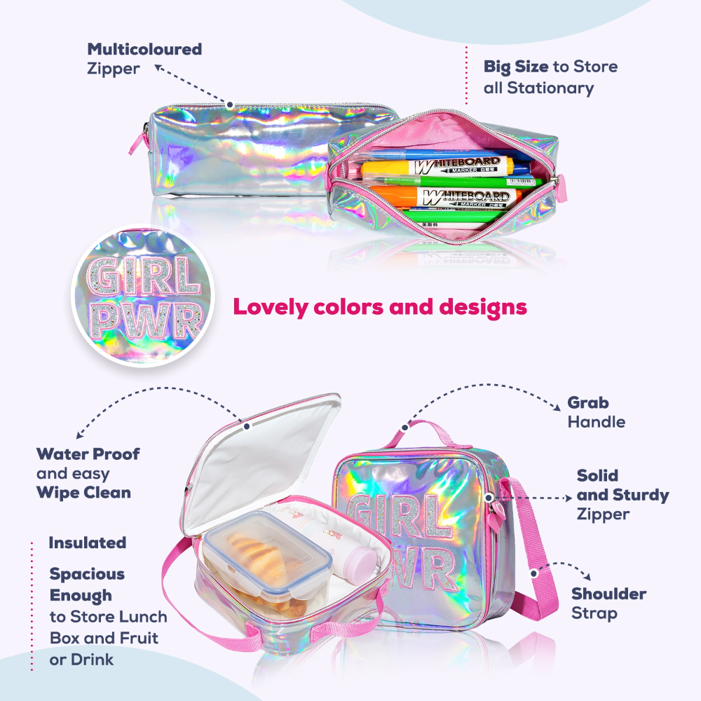 EAZY KIDS - 18 inch School Bag, Bento Box, Stainless Steel 640ml Water Bottle, Lunch Bag, Pencil Case, Set of 5 - Girl Power Pink