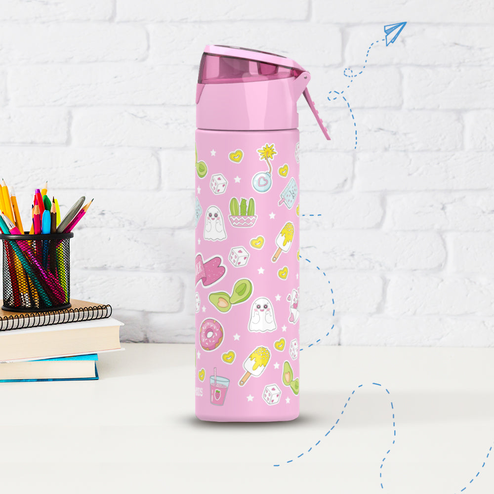 EAZY KIDS - 18 inch School Bag, Bento Box, Stainless Steel 640ml Water Bottle, Lunch Bag, Pencil Case, Set of 5 - Girl Power Pink