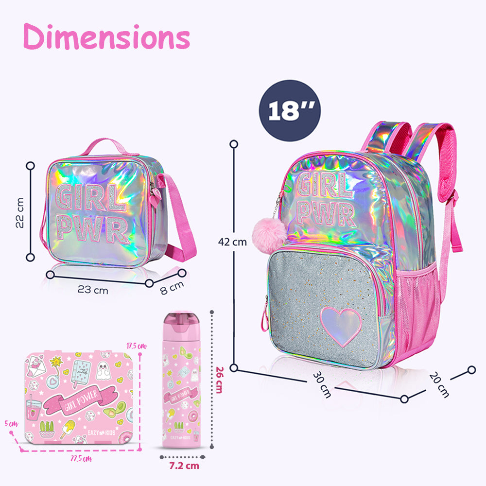 EAZY KIDS - 18 inch School Bag, Bento Box, Stainless Steel 640ml Water Bottle, Lunch Bag, Pencil Case, Set of 5 - Girl Power Pink