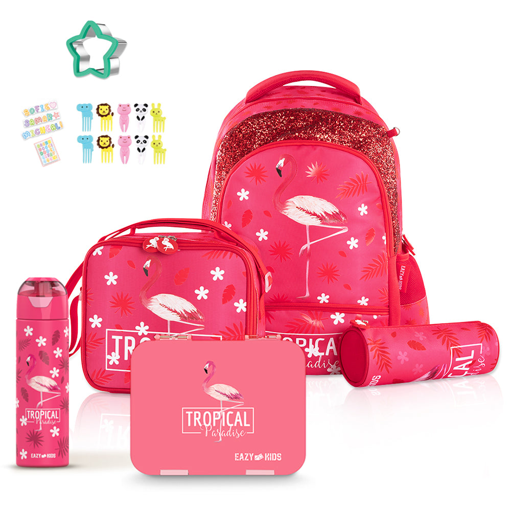 EAZY KIDS 17Inch Set of 5 School Bag with Bento Box, Stainless Steel 640ml Water Bottle, Lunch Bag and Pencil Case - Tropical Pink