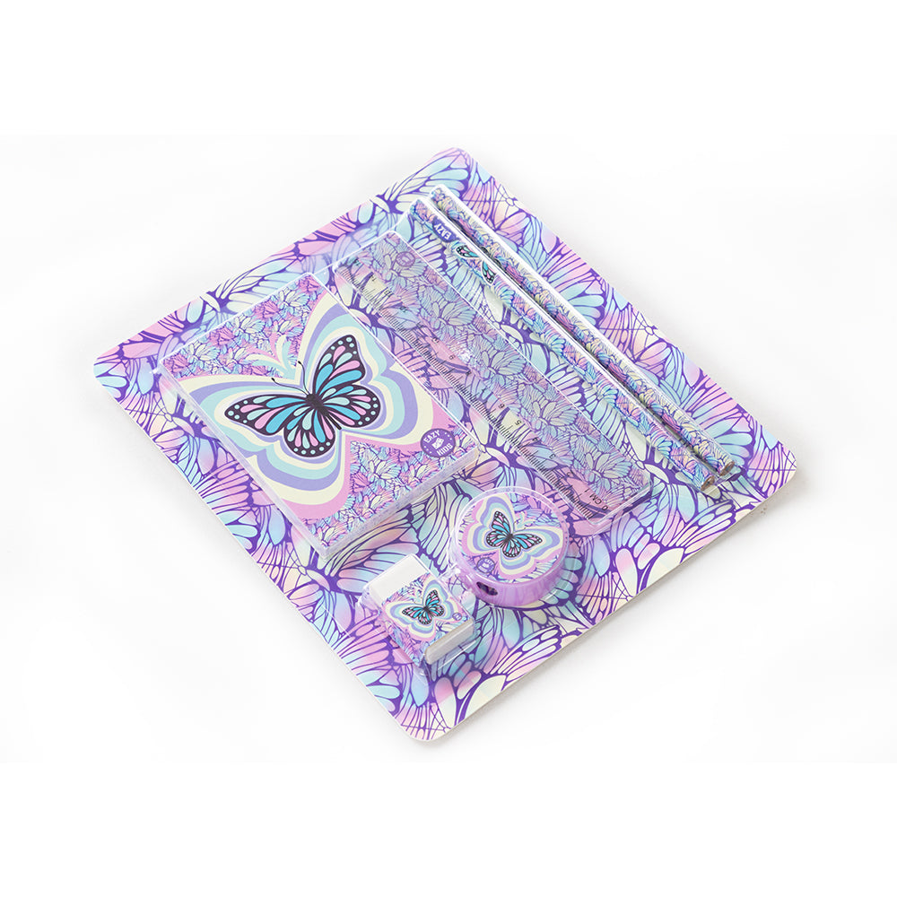 EAZY KIDS 18 inch Set of 9 Backpack w/4 Wheel Trolley, Lunch Bag and Pencil Case - 3D Butterfly Purple