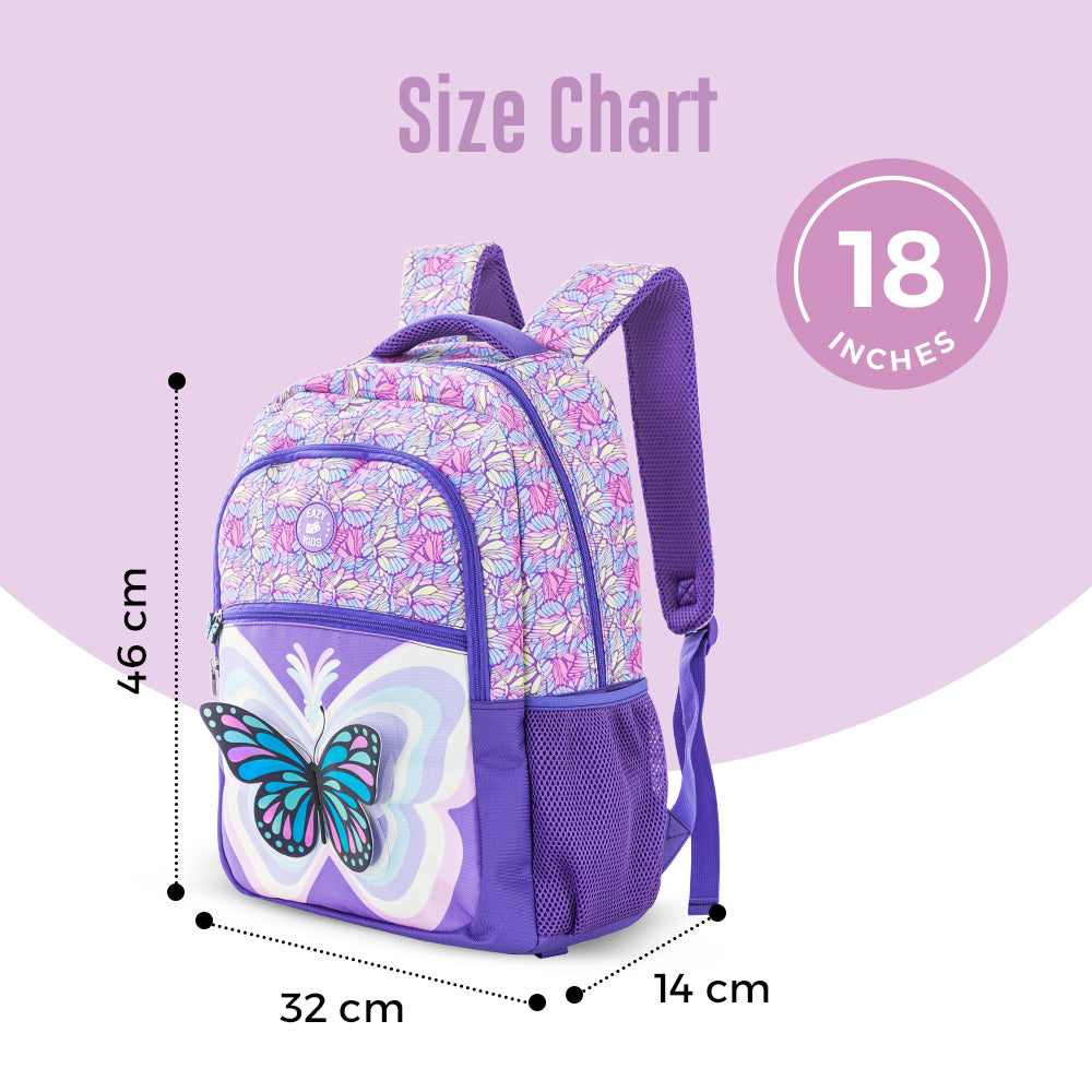 EAZY KIDS 18 inch Set of 9 Backpack w/4 Wheel Trolley, Lunch Bag and Pencil Case - 3D Butterfly Purple