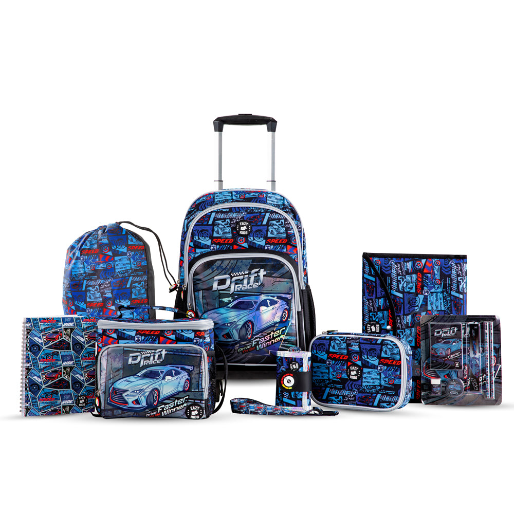 EAZY KIDS 18 inch Set of 9 Backpack w/4 Wheel Trolley, Lunch Bag and Pencil Case - Car Racing