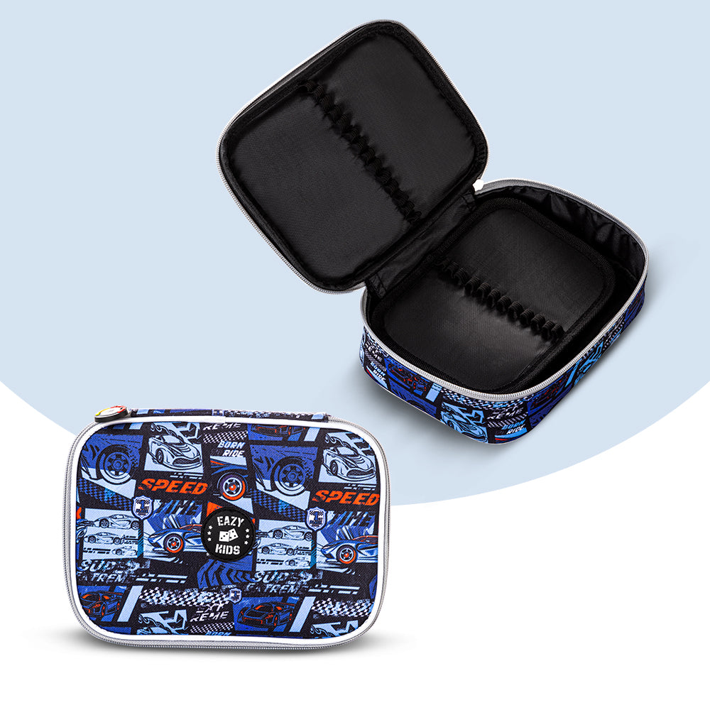 EAZY KIDS 18 inch Set of 9 Backpack w/4 Wheel Trolley, Lunch Bag and Pencil Case - Car Racing