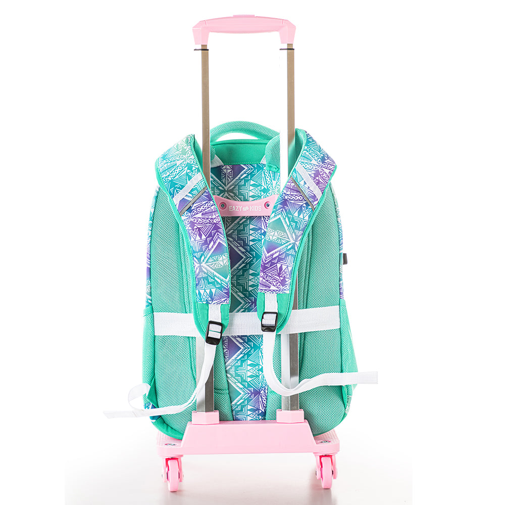 EAZY KIDS 18 inch School Bag w/4 Wheel Trolley - Geometrical Green
