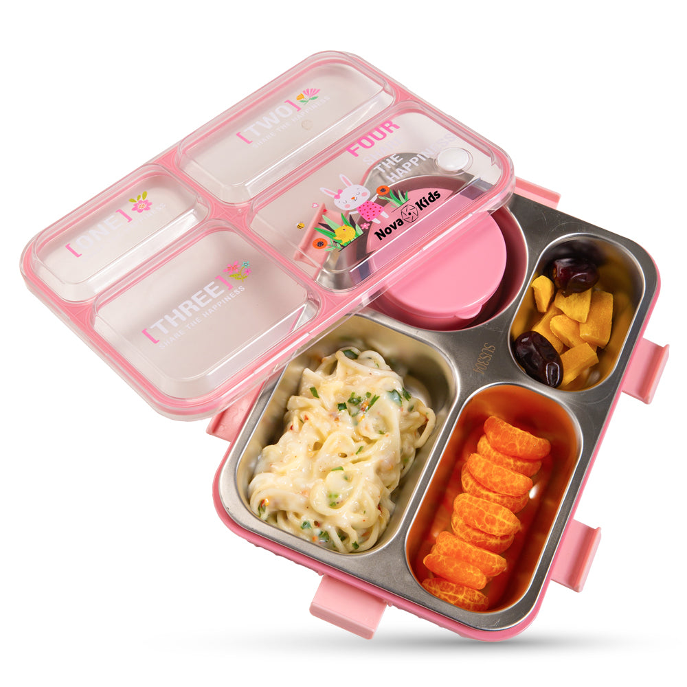 NOVA KIDS Stainless Steel 3 Compartment Bento Lunch Box w/ Water Bottle, Spoon & Fork Set - Pink
