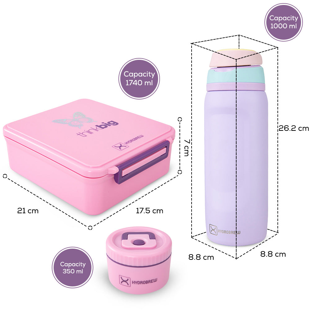 Hydrobrew Bento Lunch Box 1.74L w/ Steel Food Jar & Sip Switch Water Bottle 1000ml | Leakproof Meal Box – ThinkBig Pink