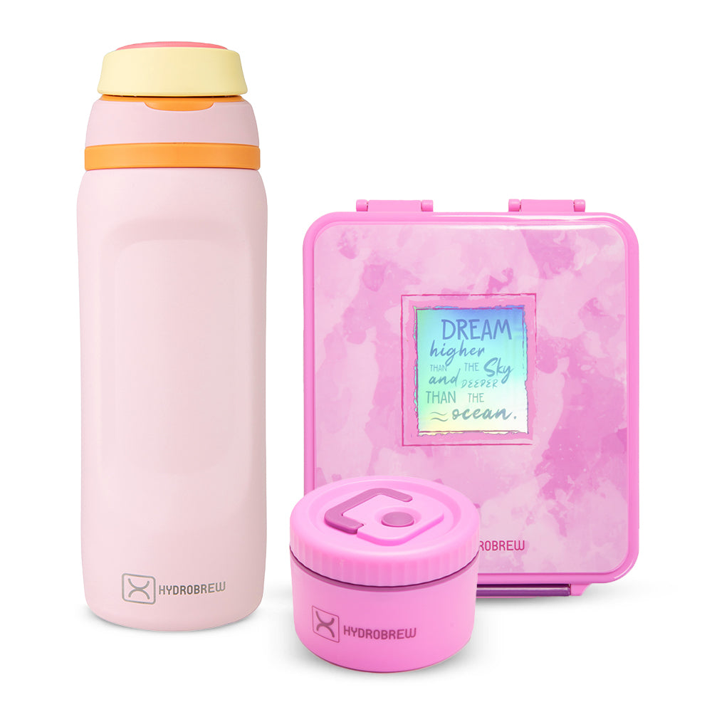 Hydrobrew Bento Lunch Box 1.74L w/ Steel Food Jar & Sip Switch Water Bottle 1000ml | Leakproof Meal Box – Dream Pink