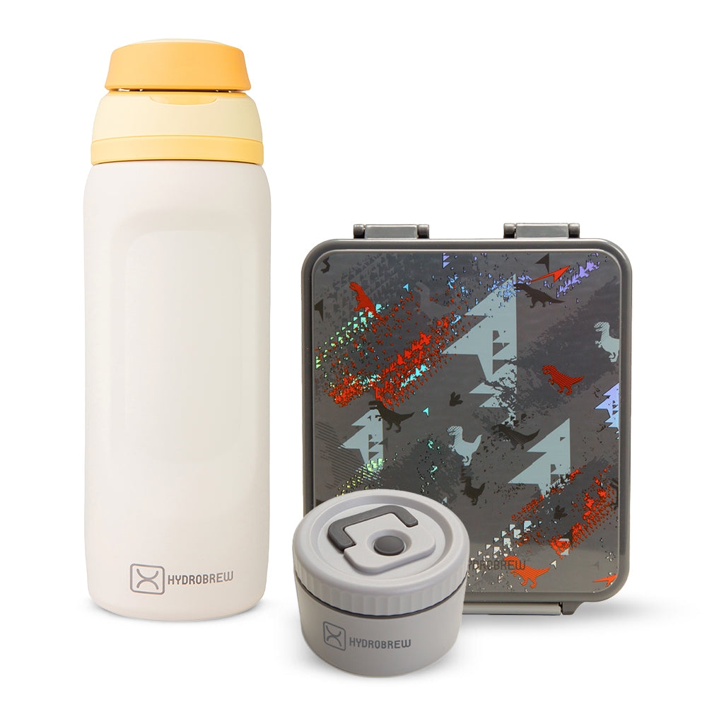 Hydrobrew Bento Lunch Box 1.74L w/ Steel Food Jar & Sip Switch Water Bottle 1000ml | Leakproof Meal Box – Dinosaurs Grey