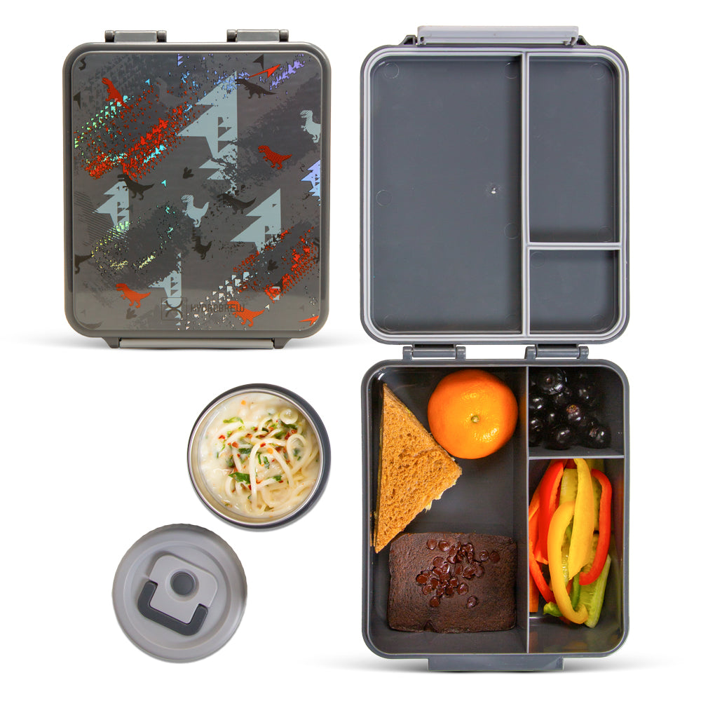 Hydrobrew Bento Lunch Box 1.74L w/ Steel Food Jar & Sip Switch Water Bottle 1000ml | Leakproof Meal Box – Dinosaurs Grey
