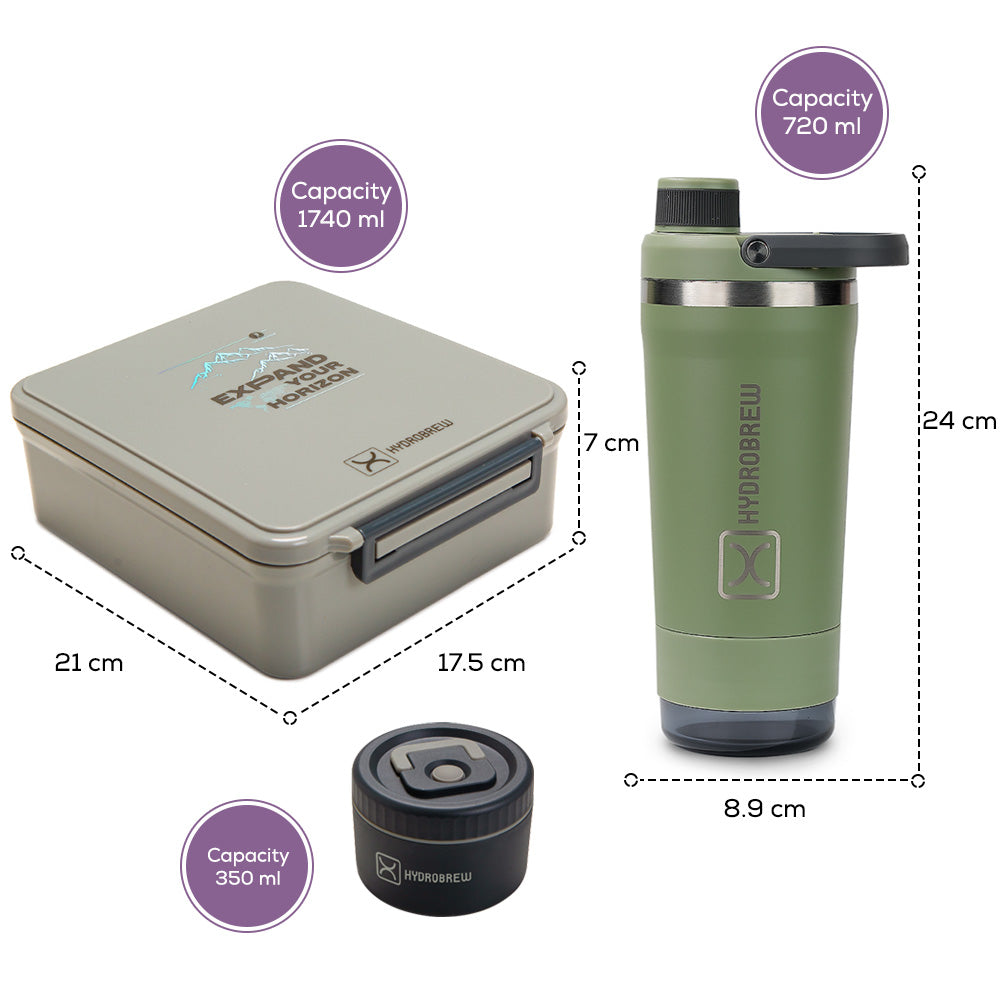 Hydrobrew Bento Lunch Box 1.74L w/ Steel Food Jar & Sip Core Stainless Steel Bottle 720ml | Leakproof Meal Box – Adventure Sage