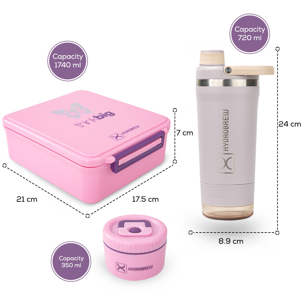 Hydrobrew Bento Lunch Box 1.74L w/ Steel Food Jar & Sip Core Stainless Steel Bottle 720ml | Leakproof Meal Box – ThinkBig Pink