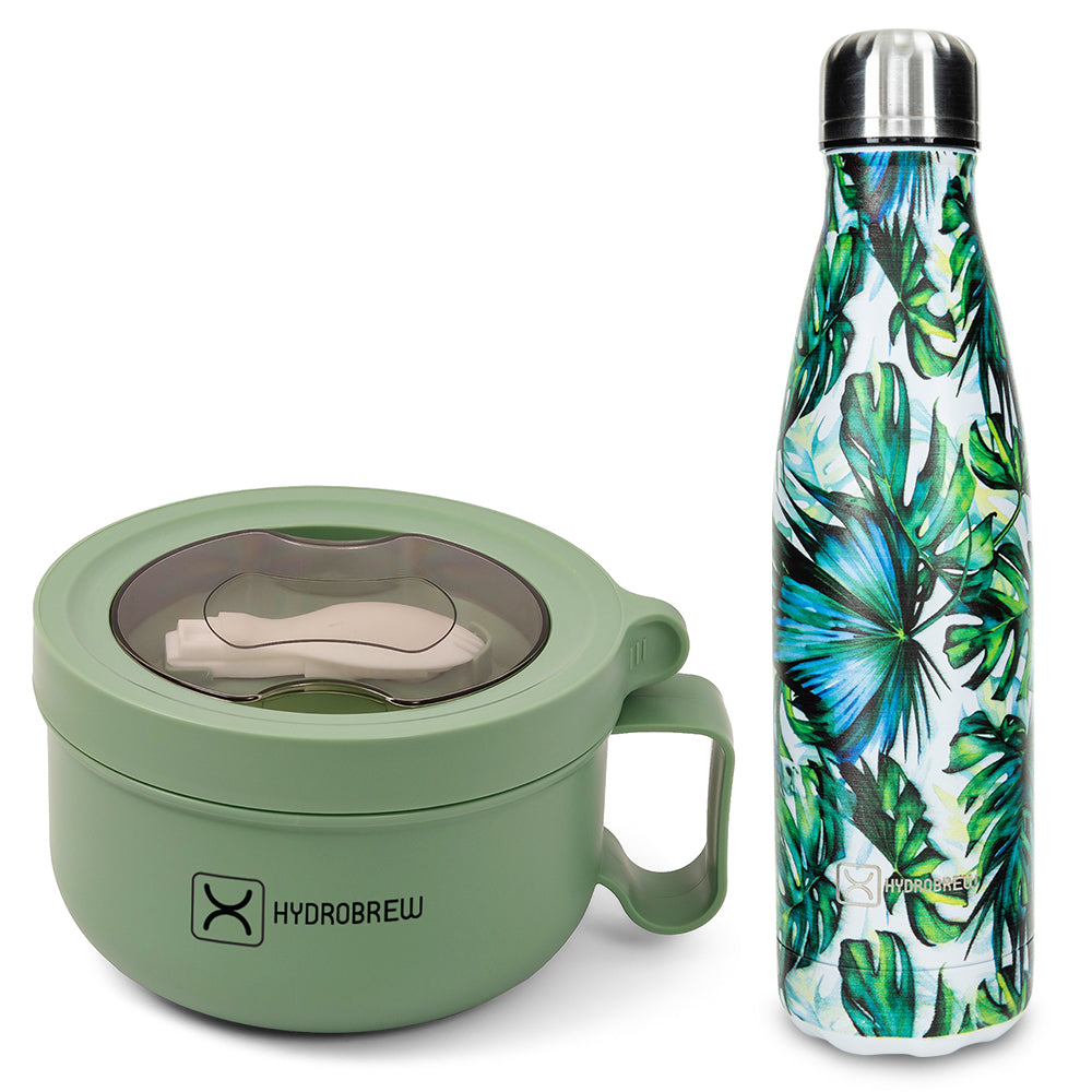 Hydrobrew Lunch Box 850ml w/ Double Wall Stainless Steel Water Bottle 500ml – Green