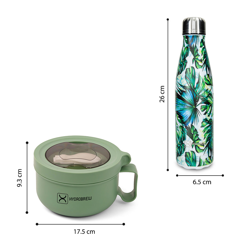 Hydrobrew Lunch Box 850ml w/ Double Wall Stainless Steel Water Bottle 500ml – Green
