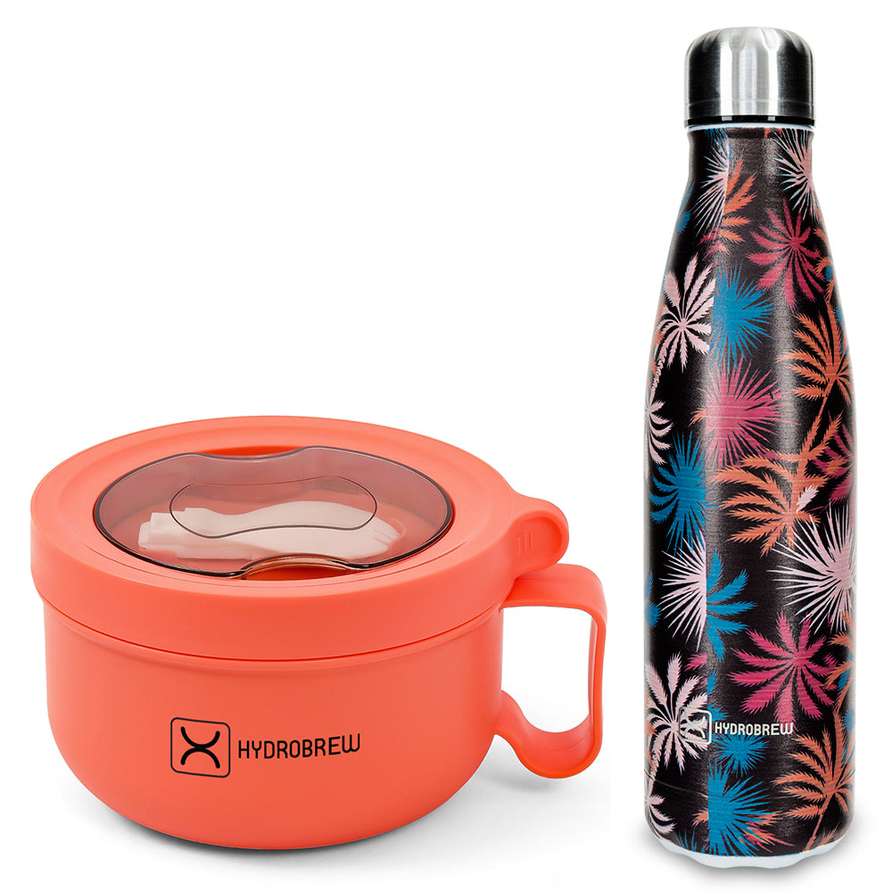 Hydrobrew Lunch Box with Folding Spoon & Double Wall Stainless Steel Water Bottle 500ml – Pink