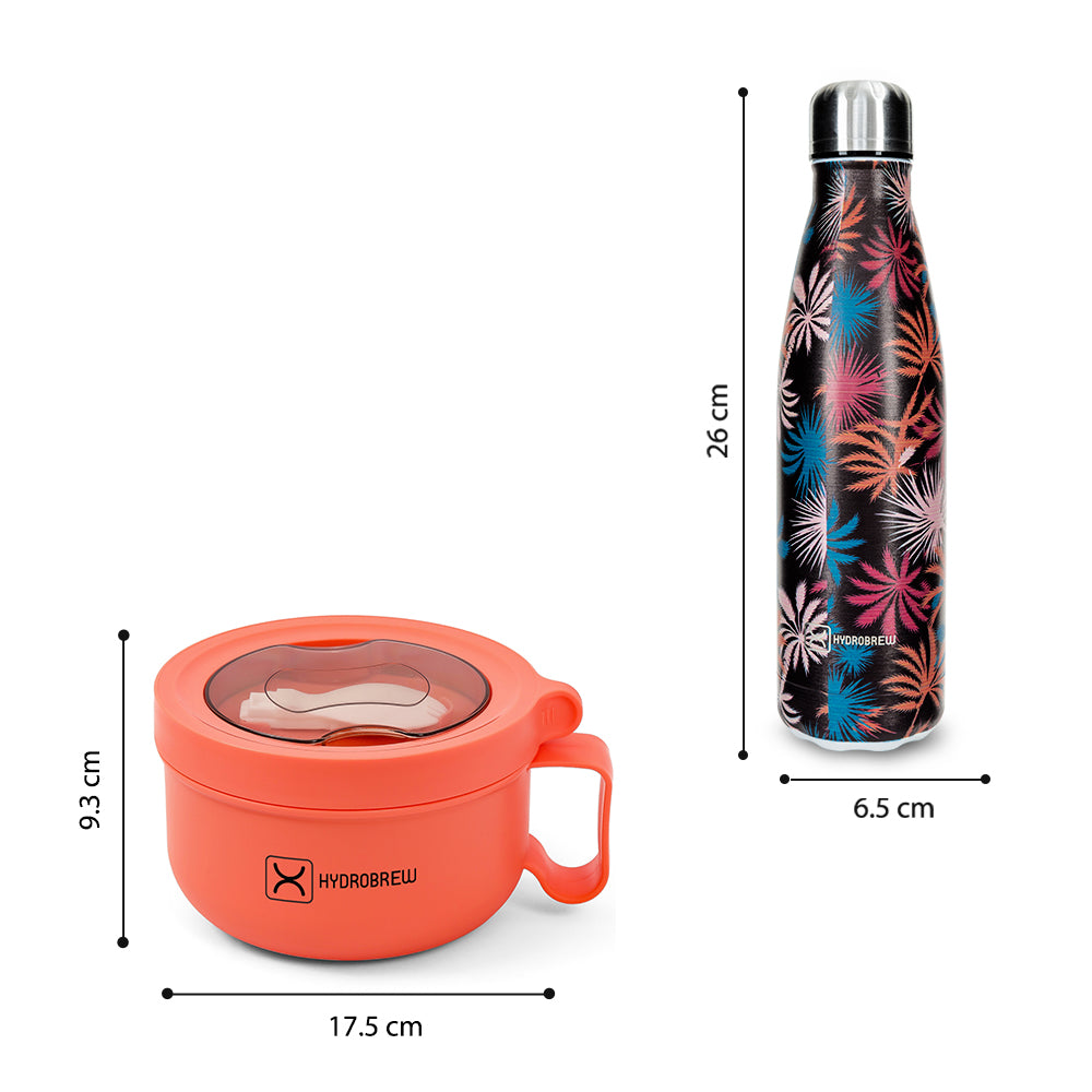 Hydrobrew Lunch Box with Folding Spoon & Double Wall Stainless Steel Water Bottle 500ml – Pink