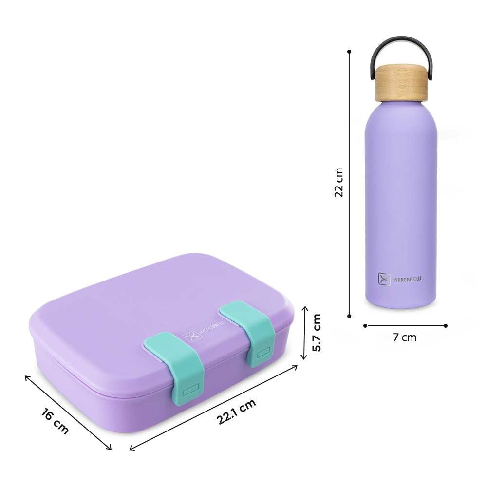 Hydrobrew Steel Core Stainless Steel Lunch Box 839ml & Double Wall Stainless Steel Water Bottle 500ml – Purple