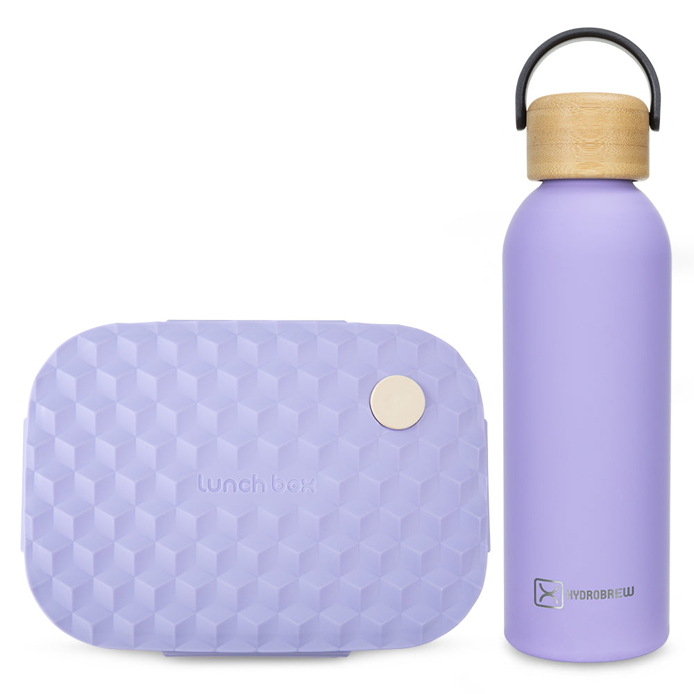 Hydrobrew Smart Serve 3-Compartment Bento Lunch Box 980ml & Double Wall Stainless Steel Water Bottle 500ml – Purple