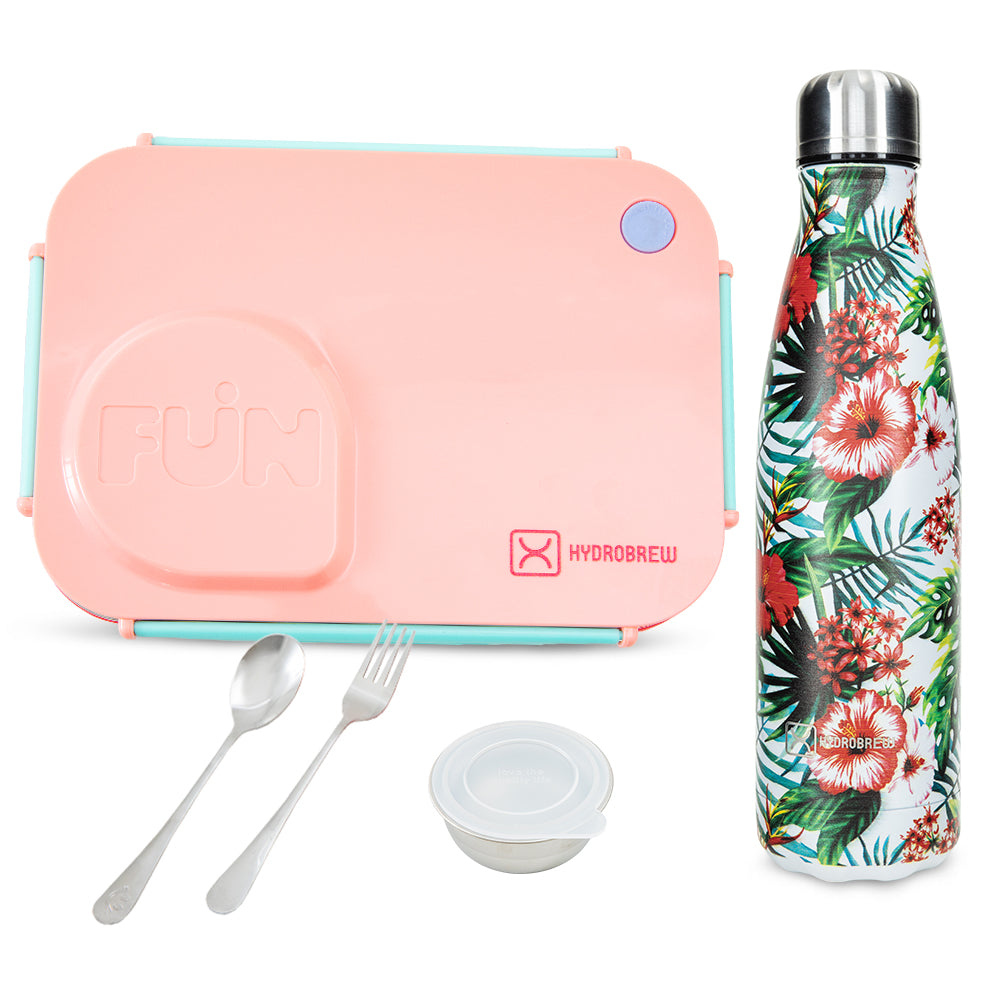 Hydrobrew Steel Core 4 Compartment Lunch Box w/ Double Wall Stainless Steel Water Bottle 500ml – Pink Sorbet