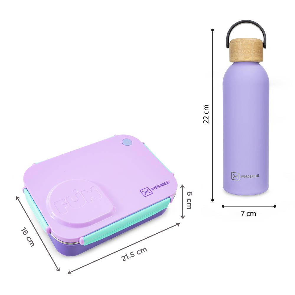 Hydrobrew Steel Core Lunch Box 750ml with Food Jar & Double Wall Stainless Steel Water Bottle 500ml – Purple