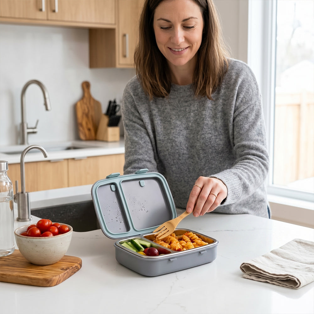 Hydrobrew Steel Core Bento Lunch Box 839ml w/ Lunch Bag | Stainless Steel 2 Compartment Meal Box – Graphite