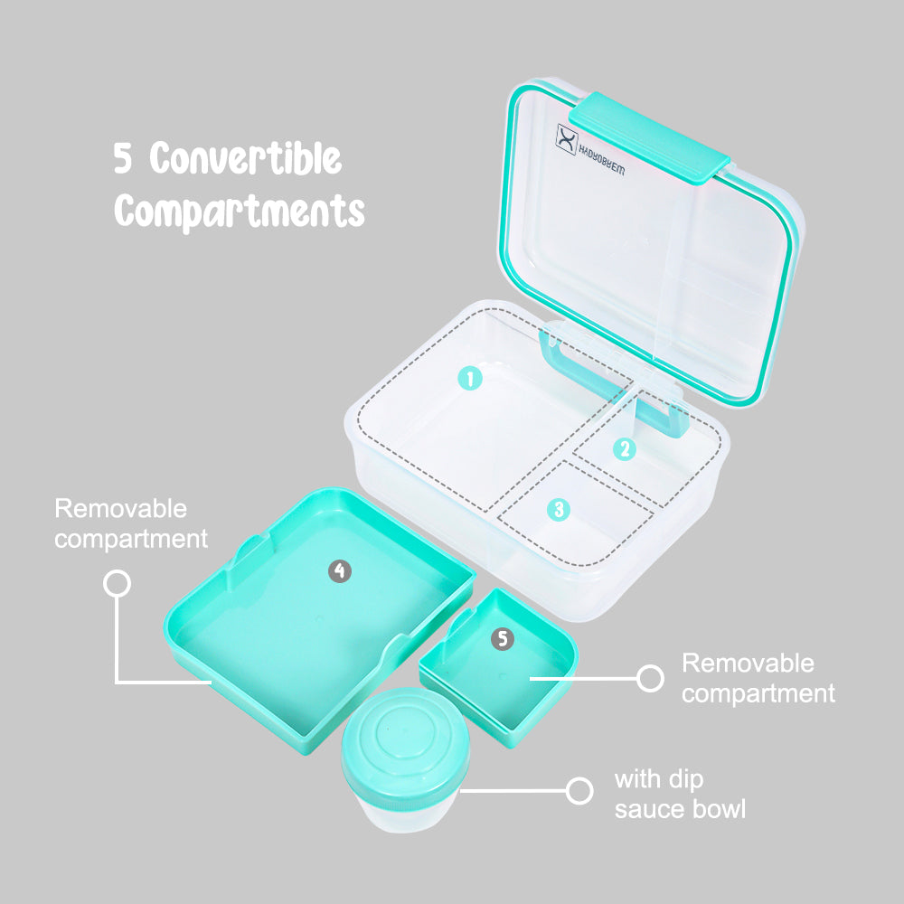 Hydrobrew 3/4/5 Convertible Bento Lunch Box 1650ml w/ Double Wall Stainless Steel Water Bottle 420ml – Sea Green