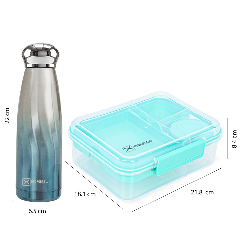 Hydrobrew 3/4/5 Convertible Bento Lunch Box 1650ml w/ Double Wall Stainless Steel Water Bottle 420ml – Sea Green