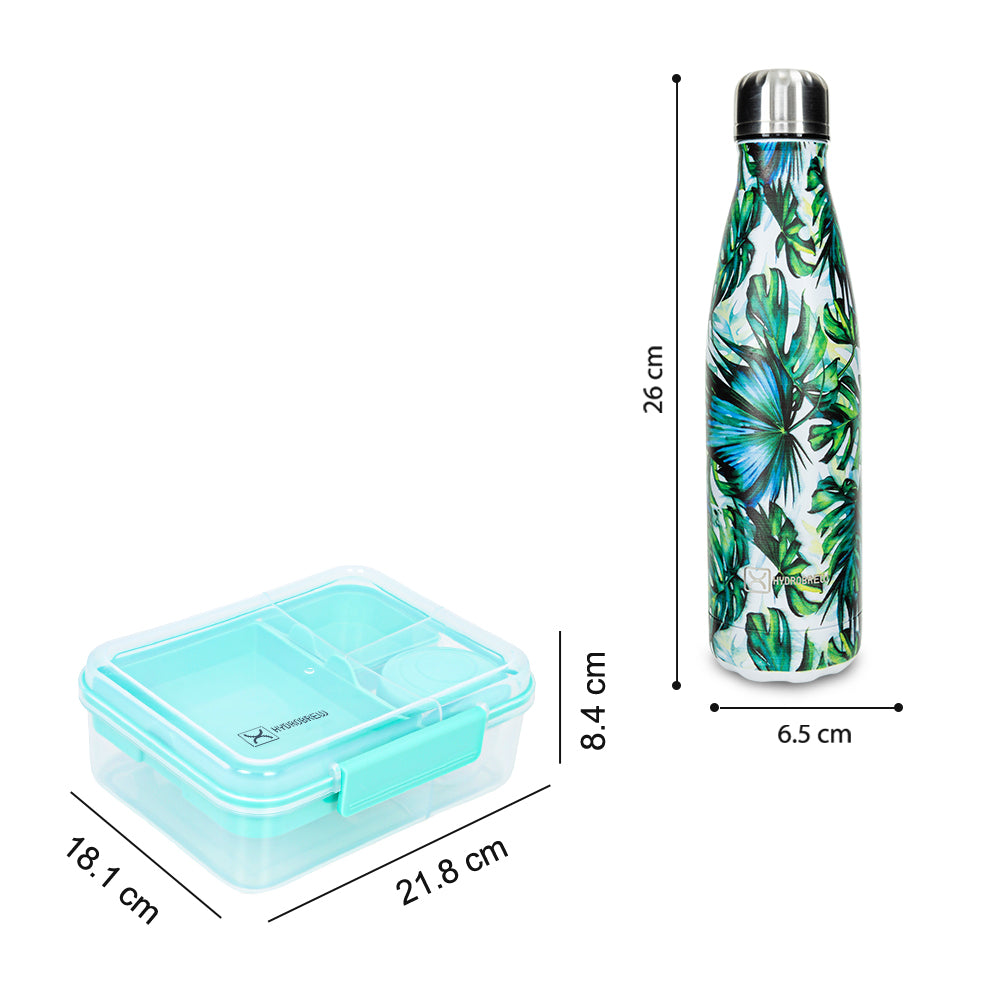 Hydrobrew 3/4/5 Convertible Bento Lunch Box 1650ml w/ Double Wall Stainless Steel Water Bottle 500ml – Green