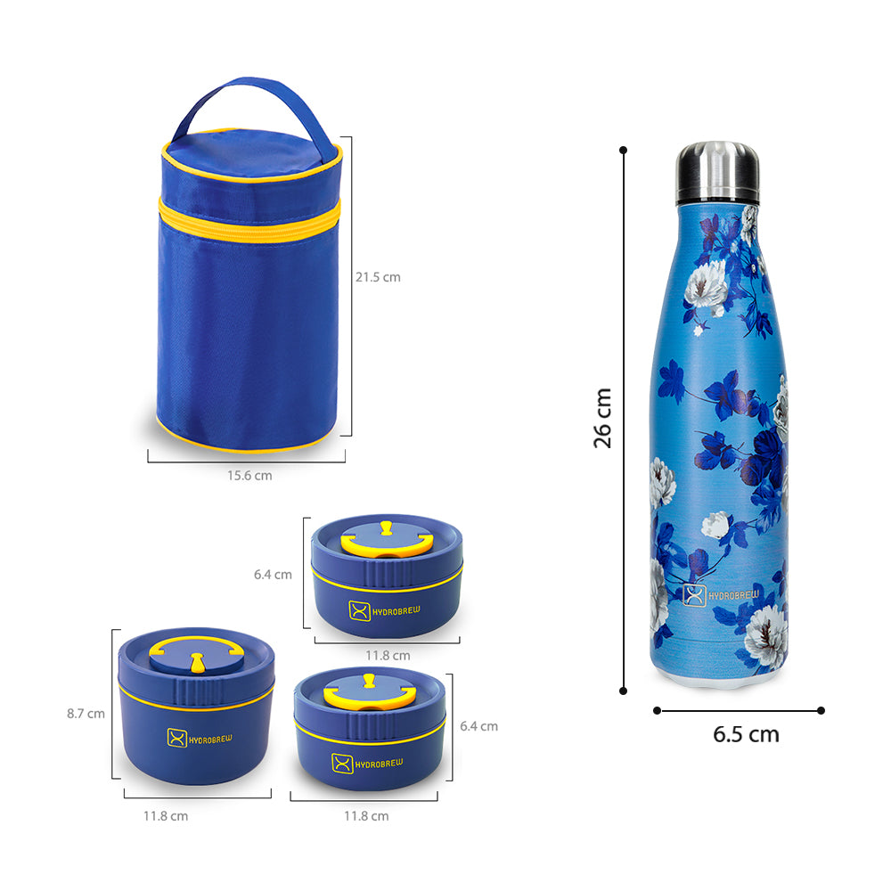 Hydrobrew Trio Deck Lunch Box with Lunch Bag, Cutlery & Double Wall Stainless Steel Water Bottle 500ml – Majestic Blue