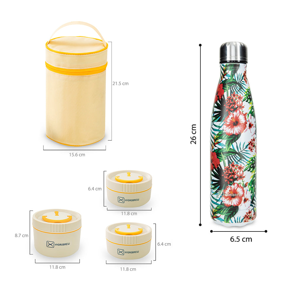 Hydrobrew Trio Deck Lunch Box 1400ml w/ Double Wall Stainless Steel Water Bottle 500ml – Opal Cream
