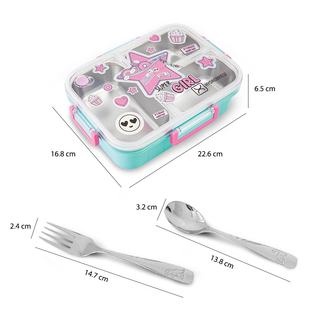 Hydrobrew Steel Core 3 Compartment Lunch Box w/ Stainless Steel Cutlery Set – Teal Spark