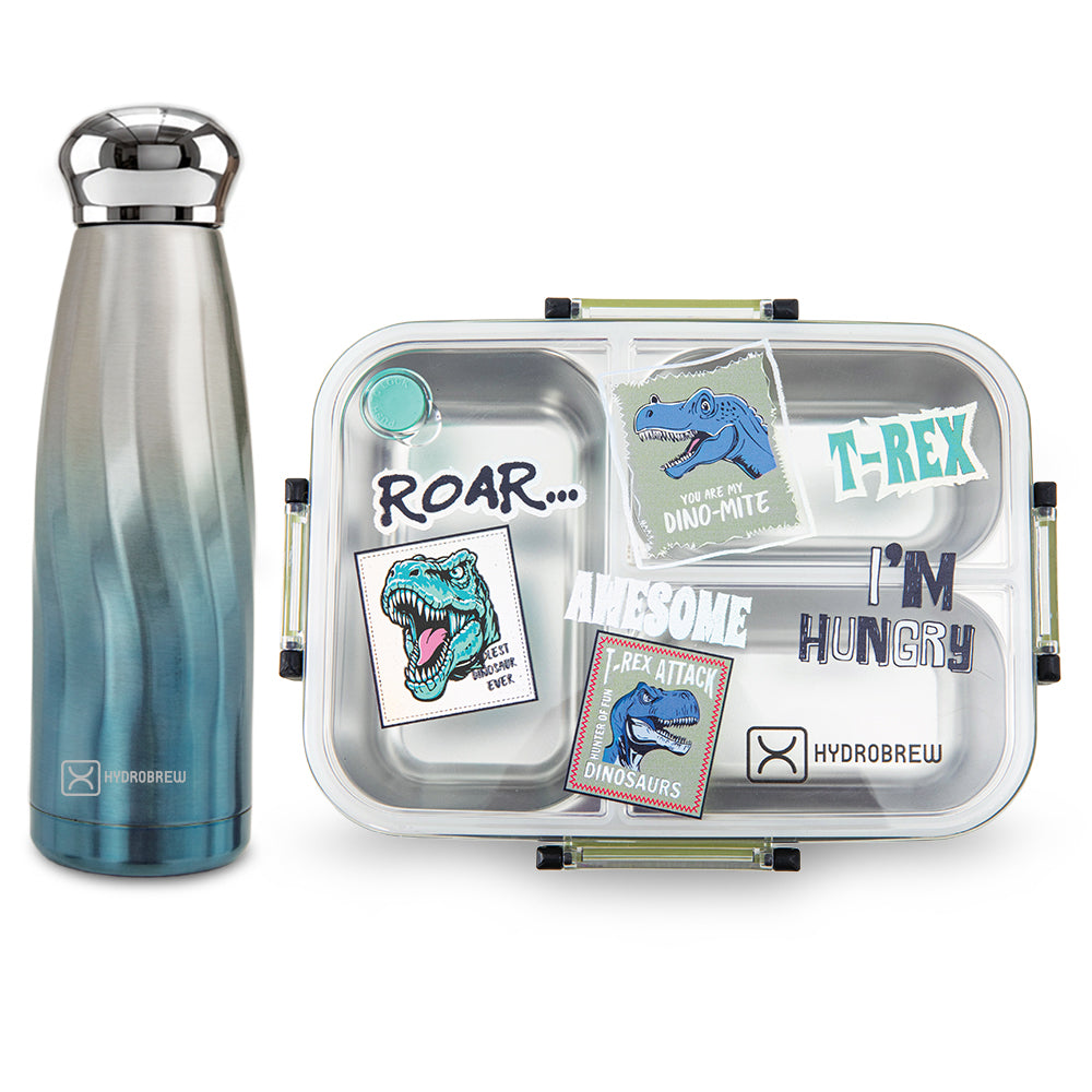 Hydrobrew Steel Core 3 Compartment Lunch Box 750ml w/ Double Wall Stainless Steel Water Bottle 420ml – Olive roar