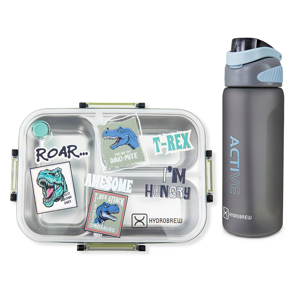 Hydrobrew Steel Core Bento Lunch Box 750ml w/ Sip Switch Tritan Water Bottle 1000ml | Leakproof 3 Compartment Meal Box – Olive Roar
